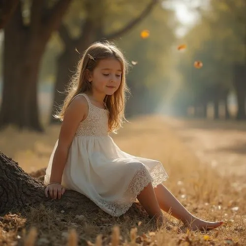 A young girl with an  dress. Sitting on the tree-trunk. Under the summer trees, background is dusty Lane and dry grass. Some dry leaves are falling and fly in the sky. ,a young girl poses under a tree