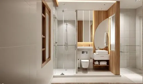 interior room render, tv unit and bed back is in louvers, use light colors, add realistic  materials according to the reference, add lighting
,a modern bathroom is displayed with wooden accents,luxury
