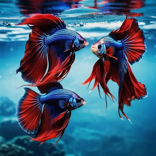 Dark blue and red Siamese fighting fish in the water. 8K resolution picture. Hires Picture. Realistic pictures,a couple of fish that are under water,siamese fighting fish,fighting fish,ornamental fish