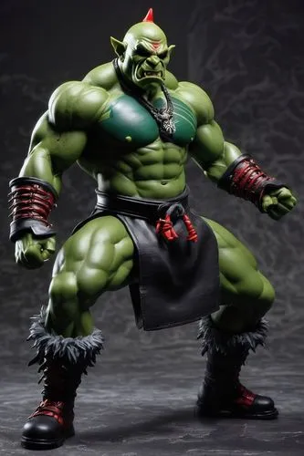 full body pose of zippy the pinhead orc monk, warhammer 40 k style, male, incredibly muscular, dark green skin, oversized big red shoes, face paint, wearing a only a loin cloth,the figure is made up o