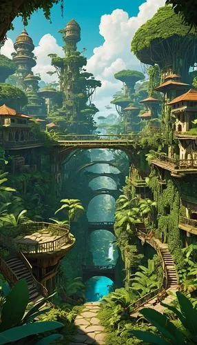 Game Scene Design, wild Angle View,futuristic landscape,ecotopia,ancient city,oasis,lagoon,mushroom landscape,fantasy landscape,cartoon video game background,uzak,mushroom island,bird kingdom,kunplome