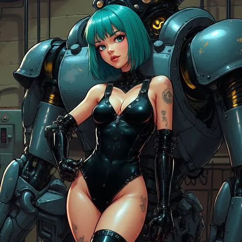 a very cute lady posing with some big mechanical machines,automatons,robots,cybernetic,androids,cyberpunks,cybernetics,robotics,mechanized,cyborgs,robot,machines,humanoids,mechanize,catsuits,mechanizi