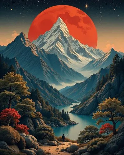 A majestic, detailed landscape painting: In the Hall of the Mountain King,a painting with a person walking on the shore,mountain scene,mountain landscape,mountainous landscape,japanese mountains,autum