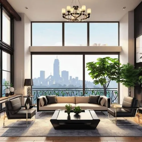 Modern luxury living room, minimalist style, spacious high ceiling, large windows with city view, beige walls, dark wood floor, sleek black sofa, chrome coffee table, floor lamp with cream shade, abst