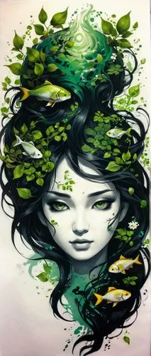 By Tun Tun,  Create tattoo design, green, black and white, many jasmines and fishes. Please provide an in-depth critique of my artwork. Assess the composition, balance, and use of color, discussing ho