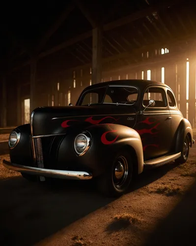 an old, black, classic, car with flame emblem parked in a barn,black beetle,the beetle,retro automobile,fiat 500,retro car,fiat 600,beetle fog,beetle,mobster car,old car,retro vehicle,jalopy,stinger,f