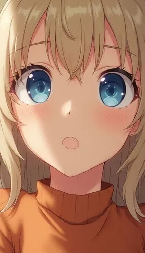 Image is a close-up portrait of a young person with fair skin and light blonde hair. The subject's hair is slightly tousled, framing their face. They have striking blue eyes and full lips, with a neut