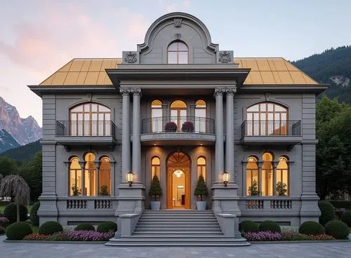 Photorealistic architectural visualization of a luxury 2-story square-shaped residental building. First floor height 5m with tall arched windows, second floor height 5m. Classical architectural style 