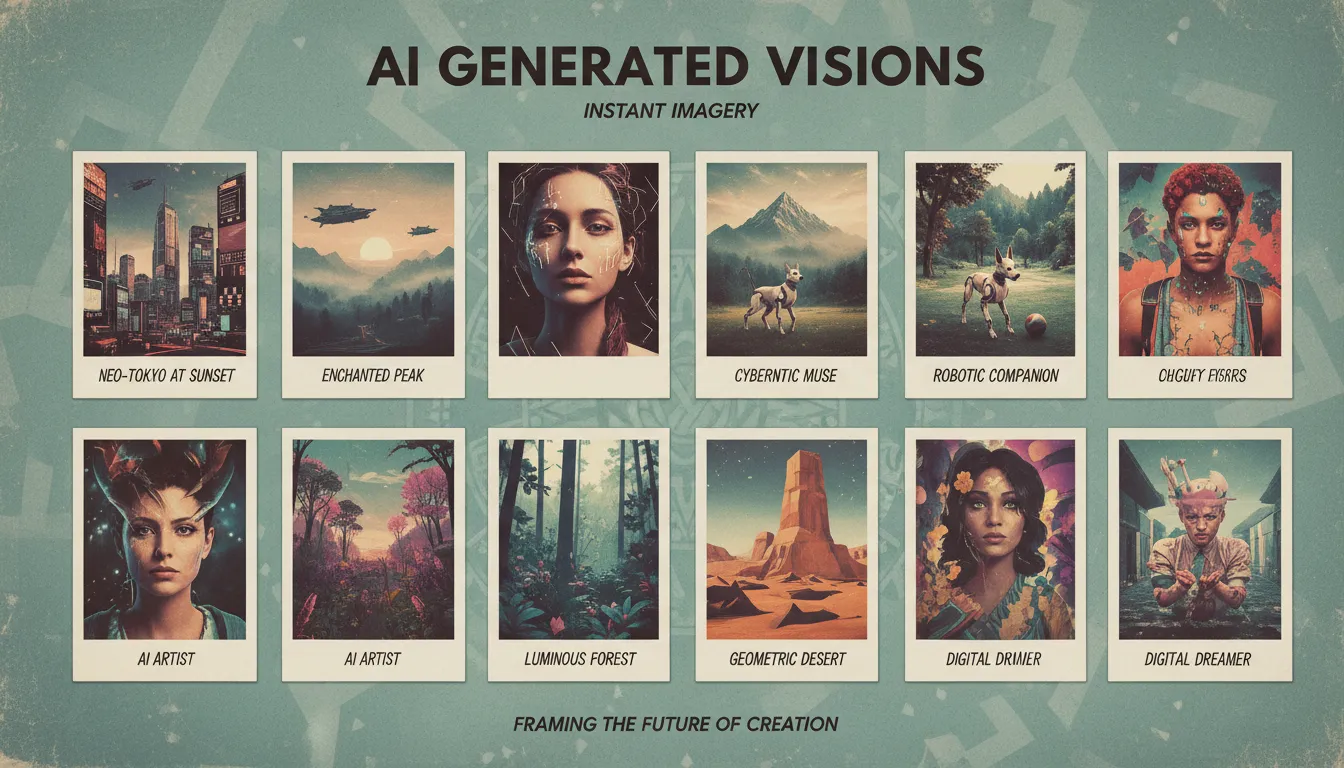 Un poster elegante con una griglia di immagini generate dall'AI nel classico stile Polaroid, che mostrano soggetti diversi come paesaggi e ritratti.