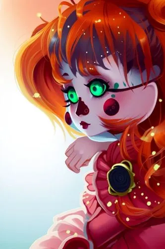 A young woman with glowing green eyes,a little red haired girl with an evil look on her face,eyestrain,fire pearl,tumbling doll,carnelian,rubber doll,redhead doll,zinnia,marionette,beryl,artist doll,s