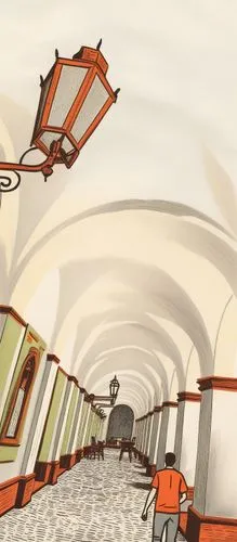 a drawing of a long tunnel with a man on a scooter walking up one half way,subway station,train tunnel,skytrains,underpasses,skyways,metro station,underpass,railway tunnel,skyrail,subway system,train 