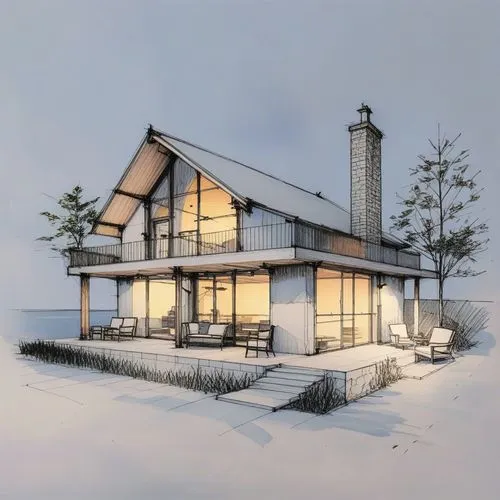 this is an image of a house with a screened porch,winter house,house drawing,3d rendering,new england style house,prefab,chalet
