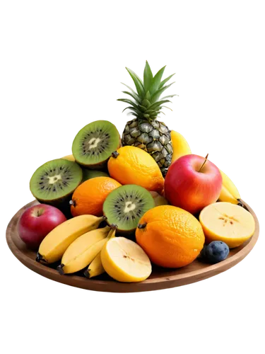Fresh fruit, vibrant colors, apple, banana, orange, grapes, strawberries, kiwi, pineapple, colorful arrangement, wooden table, natural light, shallow depth of field, high-key lighting, soft focus, sti