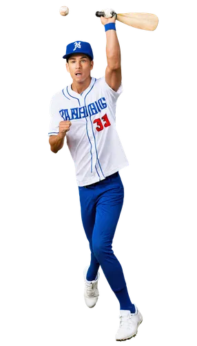 Baseball player, free pose, athletic build, muscular arms, wearing baseball uniform, white jersey, blue pants, baseball cap, holding bat, dynamic movement, jumping catch, action shot, outdoor stadium,