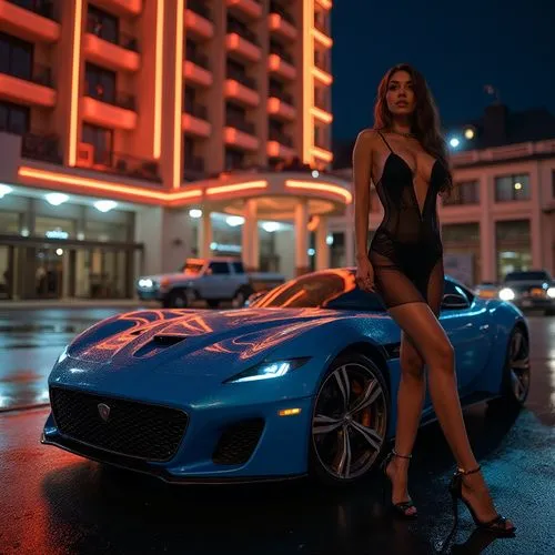 model girl in short sexy night dress standing next to bluejaguar XJ220, in front of luxury hotel, cleavage,a beautiful woman standing next to a blue sports car,maserati granturismo,maserati gran turis