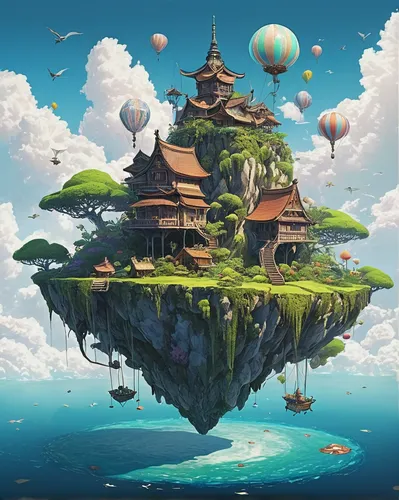 floating island,floating islands,flying island,mushroom island,island suspended,fantasy landscape,fantasy world,artificial island,3d fantasy,islet,islands,studio ghibli,bird kingdom,floating huts,world digital painting,fantasy city,island,an island far away landscape,mushroom landscape,the island,Illustration,Japanese style,Japanese Style 09