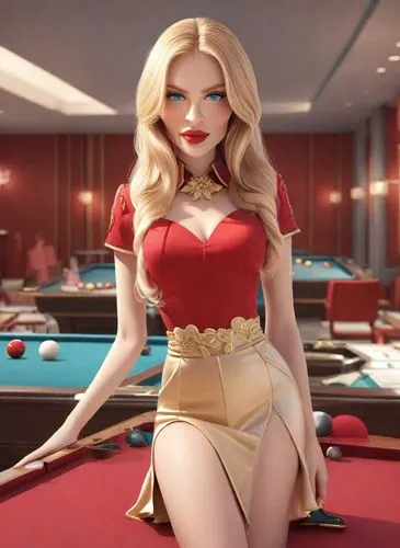 3d blonde woman, with long straight wavy hair, posing for a photo on a pool table wearing a red dress,pool player,billiard,billiards,poker primrose,bar billiards,nine-ball,blackball (pool),billiard ta