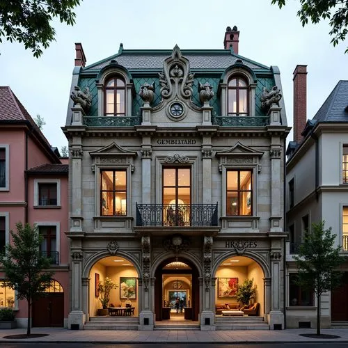 Ornate bank building, Renaissance style architecture, grandiose entrance, intricately carved stonework, rusticated base, ornamental roof tiling, curved dormer windows, decorative chimneys, symmetrical