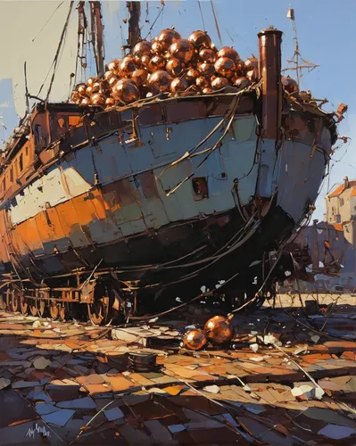 COPPER AND GARLIC (sold),ship yard,boat yard,shipwreck,wooden boats,boats in the port,old ships,harbor,boats,ship wreck,boat landscape,fishing boats,old ship,wooden boat,rotten boat,docked,depot ship,