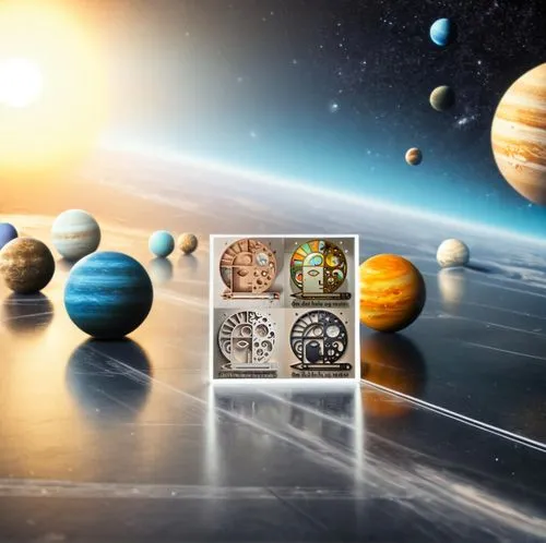 A model of the solar system, with a picture as background.,copernican world system,solar system,planets,the solar system,planetary system,galilean moons,systems icons,inner planets,astronautics,conste