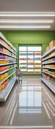 Modern supermarket, interior design, fluorescent lights, rows of shelves, metal racks, colorful product packaging, baskets, shopping carts, sliding glass doors, reflective floor, minimalist decor, urb