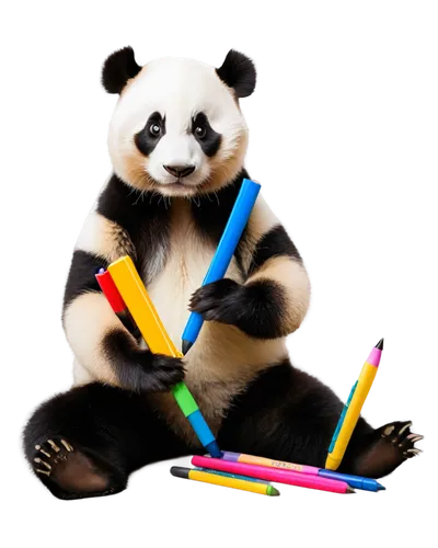 adult panda, solo, (5-6 years old), round face, black and white fur, cute eyes, sitting on floor, holding a crayon, wearing a beret, casual clothes, colorful background, toys scattered around, soft fo