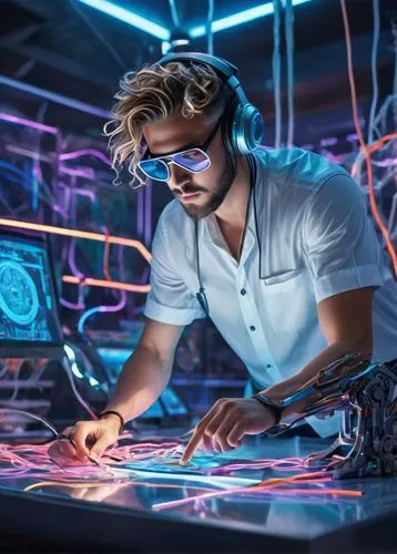 dj,engineer,cyber glasses,man with a computer,cyberpunk,elektroniki,cable innovator,disc jockey,neon human resources,electronic music,connection technology,electrician,crypto mining,electrical engineer,hardware programmer,cyclocomputer,cyber,elektroboot,turbographx,connectcompetition,Conceptual Art,Fantasy,Fantasy 23