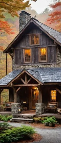 Rustic Appalachian cabin, wooden structure, stone chimney, metal roof, overhanging eaves, wrap-around porch, wooden rocking chairs, lanterns, vines crawling up walls, surrounded by dense forest, foggy