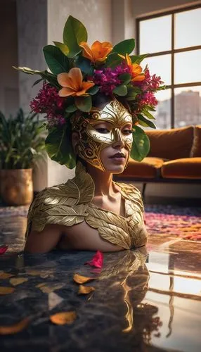 oshun,amazonica,hula,3d render,ikebana,kanaloa,efik,water flower,moana,floor fountain,baoshun,majevica,venetian mask,polynesian girl,water lotus,masquerade,sirena,polynesian,3d rendered,girl in a wreath,Photography,Artistic Photography,Artistic Photography 08