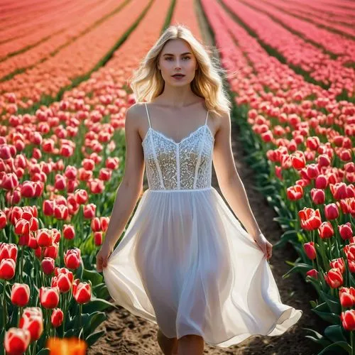 Femme blonde 25 ans marche dans un champ de tulipes, robe légère ,tulip field,tulip fields,tulip festival,tulips field,tulips,daffodils,daffodil field,tulip background,tulip,field of flowers,flower fi