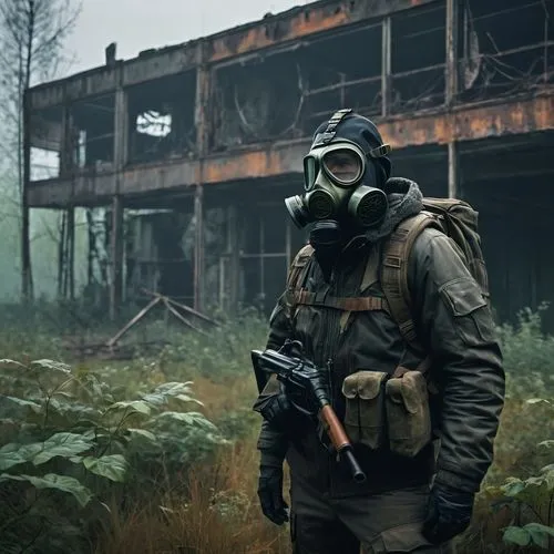 (Digital paintpost-apocalyptic environment, Chernobyl Exclusion Zone, abandoned buildings, overgrown vegetation, rusted vehicles, solo stalker, gas mask, leather jacket, tactical backpack, armed with 