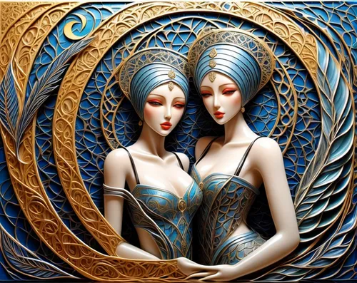 mirror image,mirror of souls,porcelain dolls,art deco woman,fantasy art,bodypainting,the three graces,capricorn mother and child,body painting,fractals art,gemini,sirens,art deco,orientalism,celtic woman,art nouveau,gold foil art,meridians,bodypaint,mannequins