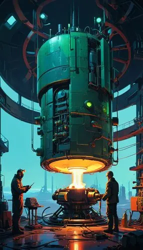 Horizon style, cyberpunk style, retro-futuristic, by Simon Stalenhag, {scientist assembles a compact nuclear reactor in the laboratory. perfect hands, perfect anatomy} . vintage sci-fi, 50s and 60s st