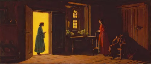 the threshold of the house,the annunciation,in the door,open door,the door,pantry,contemporary witnesses,home door,consulting room,praying woman,night scene,the little girl's room,doorway,wooden door,woman praying,door,in the evening,young couple,the window,woman house,Art,Classical Oil Painting,Classical Oil Painting 14