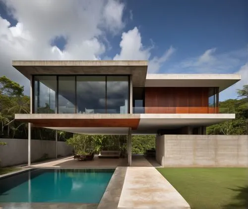 modern tropical case study house architecture, Puerto Rico, meditation architecture of brazilian architect Marcio Kogan, modern, realistic, corten steel, concrete, wood, award winning perspective, raw