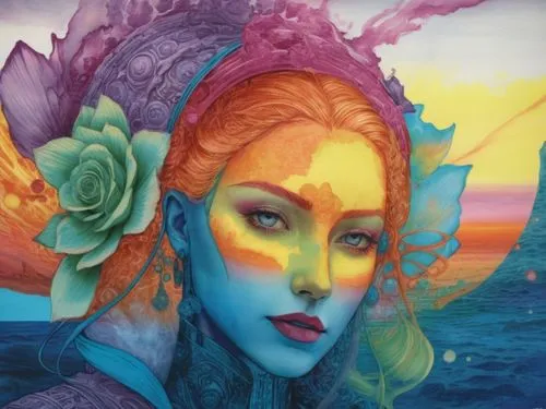 a painting of a woman's head with the ocean and sky in the background,amphitrite,fantasy art,sirena,the sea maid,melusine,fantasy portrait,Illustration,Realistic Fantasy,Realistic Fantasy 25