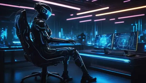 Cyberpunk themed, futuristic cityscape, neon lights, AI system interface, login screen, glowing blue lines, circuitry patterns, metallic surface, holographic display, avatar character, robotic arms, f