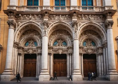 Milanese architecture, Duomo-inspired building, grandiose entrance, ornate facade, Baroque-style columns, intricate stone carvings, stained glass windows, Gothic arches, Renaissance-era influence, urb