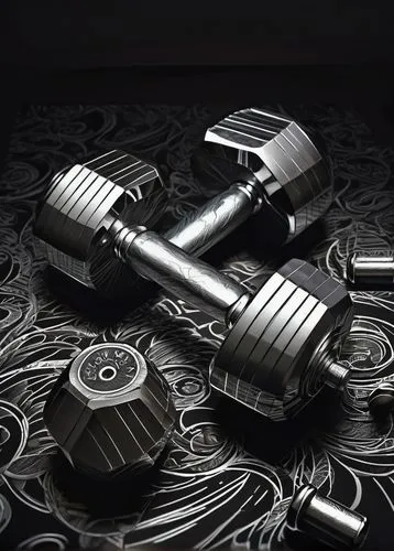 Dumbbell, graphic design, metallic silver, reflective surface, detailed texture, modern fitness equipment, gym setting, dark background, spotlight shining, dramatic shadows, dynamic composition, 3/4 v