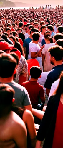 Massive crowd, panoramic view, thousands of people, diverse faces, casual clothing, bright colors, summer atmosphere, soft focus, shallow depth of field, warm color tone, cinematic lighting.,the sea o