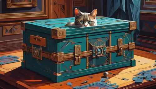 treasure chest,music chest,card box,schrödinger's cat,steamer trunk,wooden box,attache case,drawer,sideboard,little box,collected game assets,game illustration,cat frame,a drawer,apothecary,the collector,treasure house,lyre box,drawers,suitcase,Conceptual Art,Sci-Fi,Sci-Fi 06