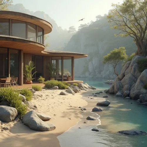 dunes house,house by the water,amanresorts,oceanfront,beachfront,pool house,beautiful home,dreamhouse,luxury property,tropical house,mid century house,beach house,render,seclude,house in the mountains,holiday villa,cliffside,secluded,3d rendering,landscape design sydney,Photography,General,Realistic