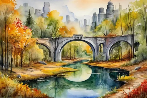 autumn landscape,watercolor background,stone arch,fall landscape,watercolor painting,river landscape,rainbow bridge,arch bridge,autumn scenery,landscape background,autumn idyll,art painting,tied-arch bridge,watercolor,autumn background,scenic bridge,fantasy landscape,bridge arch,angel bridge,watercolor paint,Illustration,Paper based,Paper Based 24