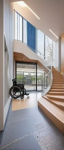 Universal Design, Blind accessibility, Modern architecture, Accessible building, Ramps instead of stairs, Wide doors and hallways, Tactile Braille signage, High contrast color scheme, Simple and intui