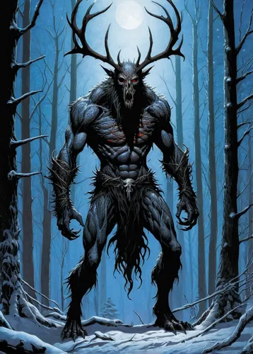 krampus,minotaur,wolfman,woodsman,nordic christmas,wolverine,buffalo plaid antlers,trioceros,werewolf,pagan,black warrior,horned,faun,blackmetal,dark elf,heroic fantasy,nordic bear,huntsman,daemon,northrend,Illustration,American Style,American Style 02