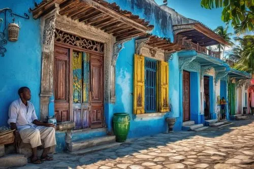 Colorful Haitian architecture, vibrant island colors, ornate wooden decorations, intricate ironwork, tropical plants surrounding, palm trees swaying gently, bright blue sky with white puffy clouds, wa