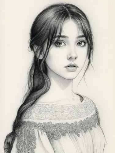 女孩，白色背景，黑白，素描，长发,a drawing of a girl wearing a dress,girl drawing,arwen,girl portrait,young girl,arya,pevensie,Illustration,Black and White,Black and White 13