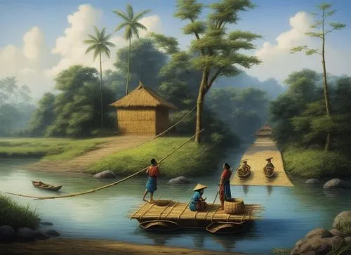 cambodge,inle,floating market,landscape background,amazonas,southeast asia,Illustration,Realistic Fantasy,Realistic Fantasy 08