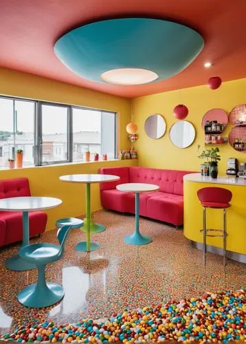 colorful M&M's themed cafe, modern minimalist interior, vibrant colored walls, glass tables, metal chairs, candy-inspired decorations, bright overhead lighting, cozy atmosphere, wooden floor, minimali