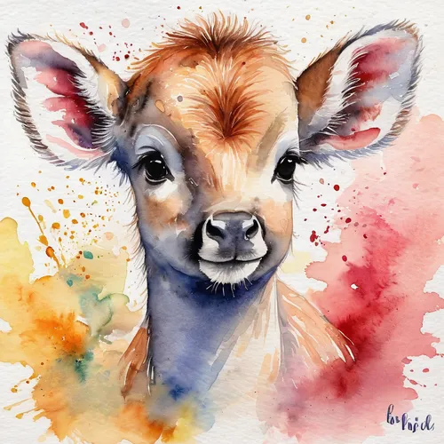 watercolor baby items,zebu,calf,ox,animal portrait,young-deer,watercolor painting,cow,watercolor paint,watercolor,deer illustration,bull calf,ruminant,nursing calf,horns cow,ruminants,cow icon,watusi cow,red holstein,deer drawing,Illustration,Paper based,Paper Based 24